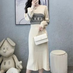 3Pcs Womens Slim Waisted Puffy Sleeve Knit Dress