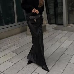 2Pcs Black Womens Faux PU Leather Slit Long Dress
