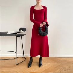 2Pcs Vintage Square Neck Flared Sleeve Knee Length Extra Long Dress