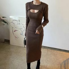 2Pcs Womens Hollow Out Two Piece Knitted Long Dresses