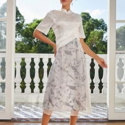 6Pcs Mesh Splicing Mid Length Printed Cheongsam