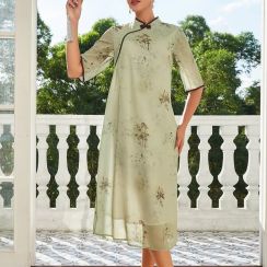 5Pcs Vintage Buckle Digital Print Cheongsam Dress