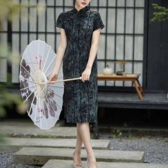 2Pcs Womens Bamboo Leaf Jacquard Cheongsam Dress